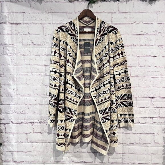 Lucky Brand Aztec Jacquard Open Front Long Sleeve Knit Cardigan Size XL Boho - Picture 2 of 9